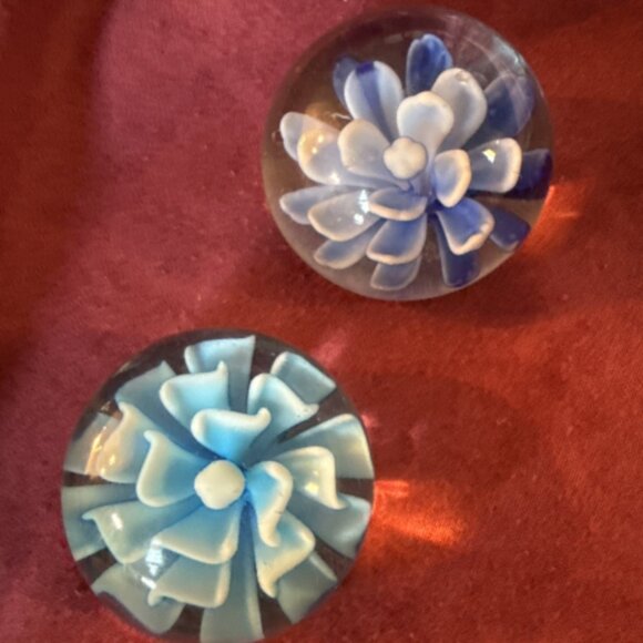 Lot Of Two Glass Paperweights Present as Flowers, Both in Blue Colors About 2“ - Picture 1 of 6